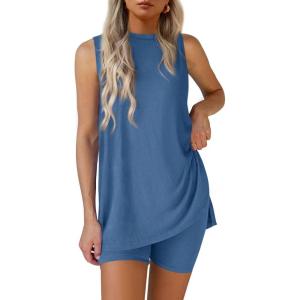 imagePRETTYGARDEN 2 Piece Sets for Women 2025 Summer Matching Lounge Shorts Set Resort Airport Travel Loungewear Outfits ClothingBlue