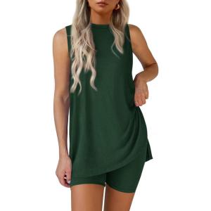 imagePRETTYGARDEN 2 Piece Sets for Women 2025 Summer Matching Lounge Shorts Set Resort Airport Travel Loungewear Outfits ClothingDark Green