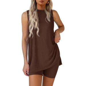 imagePRETTYGARDEN 2 Piece Sets for Women 2025 Summer Matching Lounge Shorts Set Resort Airport Travel Loungewear Outfits ClothingLight Coffee