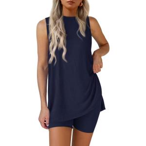 imagePRETTYGARDEN 2 Piece Sets for Women 2025 Summer Matching Lounge Shorts Set Resort Airport Travel Loungewear Outfits ClothingNavy