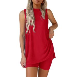 imagePRETTYGARDEN 2 Piece Sets for Women 2025 Summer Matching Lounge Shorts Set Resort Airport Travel Loungewear Outfits ClothingRed