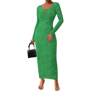 imagePRETTYGARDEN Cocktail Dresses for Women 2024 Fall Long Sleeve Tie Front Cut Out Bodycon Sexy Club Party Maxi DressGreen