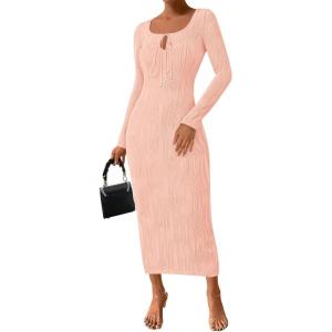 imagePRETTYGARDEN Cocktail Dresses for Women 2024 Fall Long Sleeve Tie Front Cut Out Bodycon Sexy Club Party Maxi DressPink