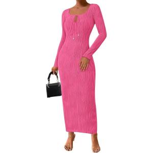 imagePRETTYGARDEN Cocktail Dresses for Women 2024 Fall Long Sleeve Tie Front Cut Out Bodycon Sexy Club Party Maxi DressRose Red