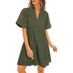 imagePRETTYGARDEN Eyelet Dresses for Women 2025 Summer Short Sleeve V Neck Hollow Out Ruffle A Line Boho Beach Vacation Mini DressArmy Green