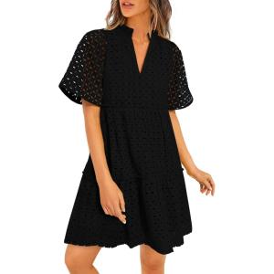 imagePRETTYGARDEN Eyelet Dresses for Women 2025 Summer Short Sleeve V Neck Hollow Out Ruffle A Line Boho Beach Vacation Mini DressBlack