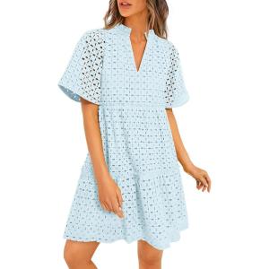 imagePRETTYGARDEN Eyelet Dresses for Women 2025 Summer Short Sleeve V Neck Hollow Out Ruffle A Line Boho Beach Vacation Mini DressLight Blue