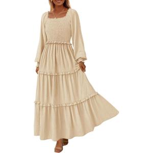 imagePRETTYGARDEN Fall Dresses for Women 2025 Long Sleeve Smocked Square Neck Swiss Dot Tiered Flowy Wedding Guest Maxi DressBeige