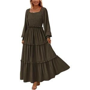 imagePRETTYGARDEN Fall Dresses for Women 2025 Long Sleeve Smocked Square Neck Swiss Dot Tiered Flowy Wedding Guest Maxi DressDark Army Green