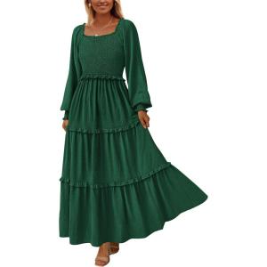 imagePRETTYGARDEN Fall Dresses for Women 2025 Long Sleeve Smocked Square Neck Swiss Dot Tiered Flowy Wedding Guest Maxi DressDark Green