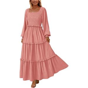 imagePRETTYGARDEN Fall Dresses for Women 2025 Long Sleeve Smocked Square Neck Swiss Dot Tiered Flowy Wedding Guest Maxi DressDusty Pink