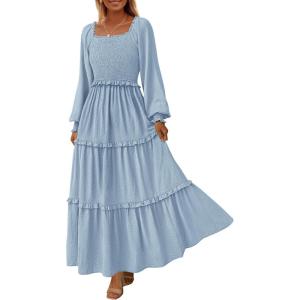 imagePRETTYGARDEN Fall Dresses for Women 2025 Long Sleeve Smocked Square Neck Swiss Dot Tiered Flowy Wedding Guest Maxi DressLight Blue