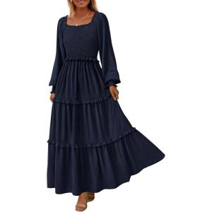 imagePRETTYGARDEN Fall Dresses for Women 2025 Long Sleeve Smocked Square Neck Swiss Dot Tiered Flowy Wedding Guest Maxi DressNavy