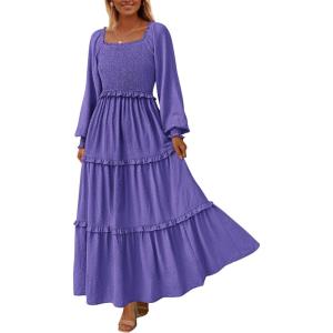 imagePRETTYGARDEN Fall Dresses for Women 2025 Long Sleeve Smocked Square Neck Swiss Dot Tiered Flowy Wedding Guest Maxi DressPurple Blue