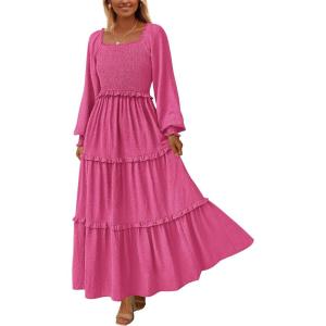 imagePRETTYGARDEN Fall Dresses for Women 2025 Long Sleeve Smocked Square Neck Swiss Dot Tiered Flowy Wedding Guest Maxi DressRose Red