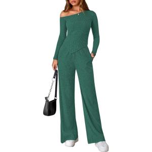 imagePRETTYGARDEN Fall Two Piece Sets For Women 2025 Off Shoulder Tops Long Pants Knit Matching Lounge Set Airport Travel OutfitsDark Green