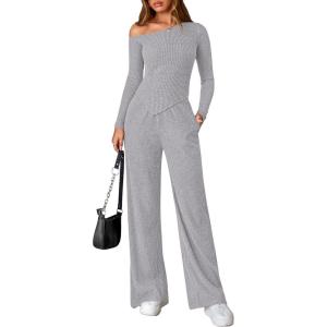 imagePRETTYGARDEN Fall Two Piece Sets For Women 2025 Off Shoulder Tops Long Pants Knit Matching Lounge Set Airport Travel OutfitsLight Grey