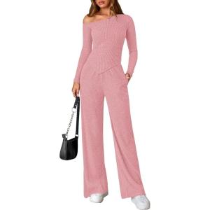 imagePRETTYGARDEN Fall Two Piece Sets For Women 2025 Off Shoulder Tops Long Pants Knit Matching Lounge Set Airport Travel OutfitsPink