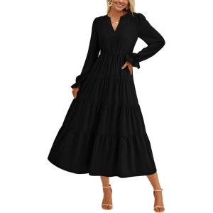 imagePRETTYGARDEN Long Sleeve Dress for Women 2025 Fall V Neck Tiered Aline Spring Elegant Modest Flowy Wedding Guest Maxi DressesBlack