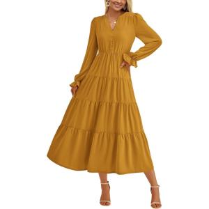 imagePRETTYGARDEN Long Sleeve Dress for Women 2025 Fall V Neck Tiered Aline Spring Elegant Modest Flowy Wedding Guest Maxi DressesBrown Yellow