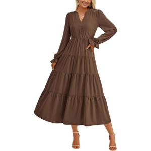 imagePRETTYGARDEN Long Sleeve Dress for Women 2025 Fall V Neck Tiered Aline Spring Elegant Modest Flowy Wedding Guest Maxi DressesCoffee