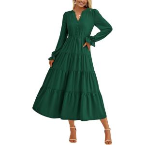 imagePRETTYGARDEN Long Sleeve Dress for Women 2025 Fall V Neck Tiered Aline Spring Elegant Modest Flowy Wedding Guest Maxi DressesDark Green