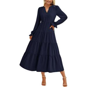 imagePRETTYGARDEN Long Sleeve Dress for Women 2025 Fall V Neck Tiered Aline Spring Elegant Modest Flowy Wedding Guest Maxi DressesNavy