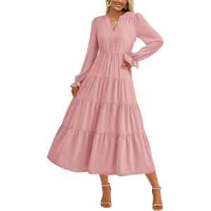imagePRETTYGARDEN Long Sleeve Dress for Women 2025 Fall V Neck Tiered Aline Spring Elegant Modest Flowy Wedding Guest Maxi DressesPink