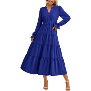 imagePRETTYGARDEN Long Sleeve Dress for Women 2025 Fall V Neck Tiered Aline Spring Elegant Modest Flowy Wedding Guest Maxi DressesRoyal Blue