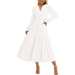 imagePRETTYGARDEN Long Sleeve Dress for Women 2025 Fall V Neck Tiered Aline Spring Elegant Modest Flowy Wedding Guest Maxi DressesWhite