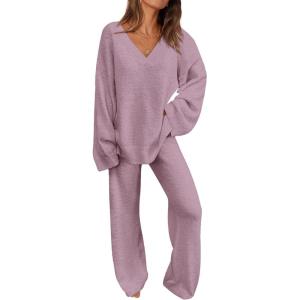 imagePRETTYGARDEN Lounge Sets for Women Two Piece Sweaters Pajama Set Fall Fashion 2025 Loungewear Outfits Matching Winter ClothesBean Paste Purple
