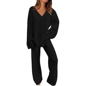 imagePRETTYGARDEN Lounge Sets for Women Two Piece Sweaters Pajama Set Fall Fashion 2025 Loungewear Outfits Matching Winter ClothesBlack
