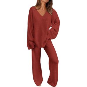 imagePRETTYGARDEN Lounge Sets for Women Two Piece Sweaters Pajama Set Fall Fashion 2025 Loungewear Outfits Matching Winter ClothesBrick Red