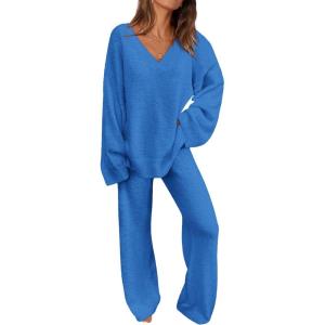 imagePRETTYGARDEN Lounge Sets for Women Two Piece Sweaters Pajama Set Fall Fashion 2025 Loungewear Outfits Matching Winter ClothesBrilliant Blue