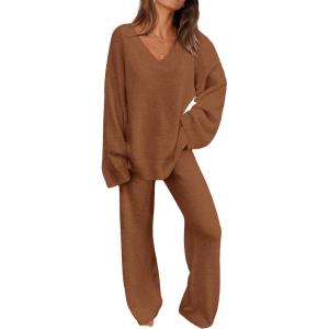 imagePRETTYGARDEN Lounge Sets for Women Two Piece Sweaters Pajama Set Fall Fashion 2025 Loungewear Outfits Matching Winter ClothesBrown
