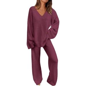 imagePRETTYGARDEN Lounge Sets for Women Two Piece Sweaters Pajama Set Fall Fashion 2025 Loungewear Outfits Matching Winter ClothesDark Purple
