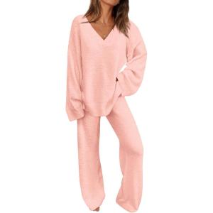 imagePRETTYGARDEN Lounge Sets for Women Two Piece Sweaters Pajama Set Fall Fashion 2025 Loungewear Outfits Matching Winter ClothesLight Pink