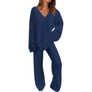 imagePRETTYGARDEN Lounge Sets for Women Two Piece Sweaters Pajama Set Fall Fashion 2025 Loungewear Outfits Matching Winter ClothesNavy