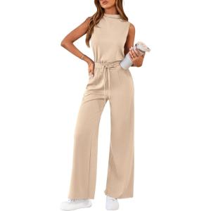 imagePRETTYGARDEN One Piece Jumpsuits for Women Dressy Summer Business Casual Outifts Sleeveless Mock Neck Wide Leg RompersBeige