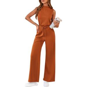 imagePRETTYGARDEN One Piece Jumpsuits for Women Dressy Summer Business Casual Outifts Sleeveless Mock Neck Wide Leg RompersBrick Red
