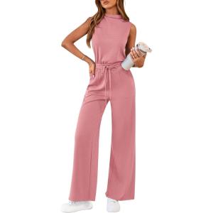 imagePRETTYGARDEN One Piece Jumpsuits for Women Dressy Summer Business Casual Outifts Sleeveless Mock Neck Wide Leg RompersDusty Pink