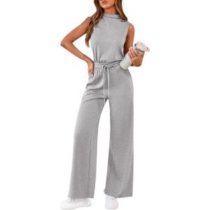 imagePRETTYGARDEN One Piece Jumpsuits for Women Dressy Summer Business Casual Outifts Sleeveless Mock Neck Wide Leg RompersGrey