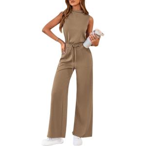 imagePRETTYGARDEN One Piece Jumpsuits for Women Dressy Summer Business Casual Outifts Sleeveless Mock Neck Wide Leg RompersKhaki