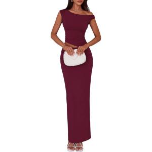 imagePRETTYGARDEN Skirt Sets Women 2 Piece Outfits Summer 2025 One Shoulder Sexy Ruched Bodycon Maxi Long SkirtsWine Red