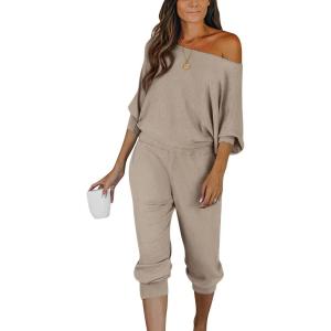 imagePRETTYGARDEN Two Piece Sets for Women Fall 2025 Ribbed Knit Off Shoulder Tops Lounge Pants Tracksuit Fashion ClothingApricot