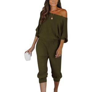 imagePRETTYGARDEN Two Piece Sets for Women Fall 2025 Ribbed Knit Off Shoulder Tops Lounge Pants Tracksuit Fashion ClothingArmy Green