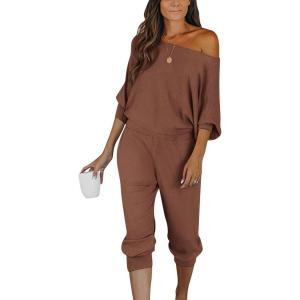 imagePRETTYGARDEN Two Piece Sets for Women Fall 2025 Ribbed Knit Off Shoulder Tops Lounge Pants Tracksuit Fashion ClothingCoffee