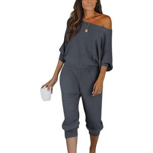 imagePRETTYGARDEN Two Piece Sets for Women Fall 2025 Ribbed Knit Off Shoulder Tops Lounge Pants Tracksuit Fashion ClothingDark Grey