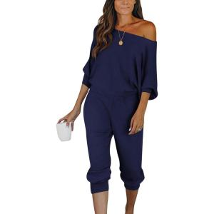 imagePRETTYGARDEN Two Piece Sets for Women Fall 2025 Ribbed Knit Off Shoulder Tops Lounge Pants Tracksuit Fashion ClothingDark Sea Blue