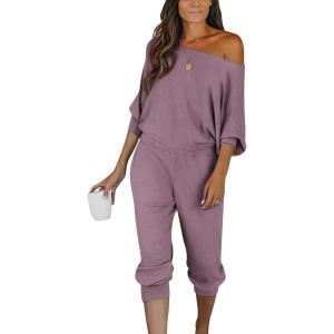 imagePRETTYGARDEN Two Piece Sets for Women Fall 2025 Ribbed Knit Off Shoulder Tops Lounge Pants Tracksuit Fashion ClothingDeep Purple